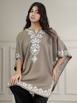 Zamour - Beige Woollen Aari Embroidered Winter Kaftan Style Poncho