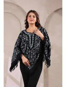 Zamour - Black Woollen Kashmiri Hand Embroidered Jaal and Inner Lining Poncho Top
