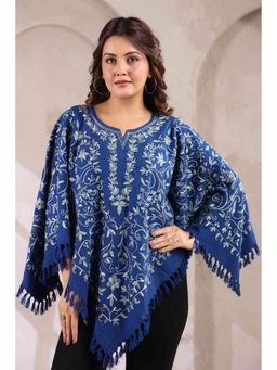 Zamour - Blue Woollen Kashmiri Hand Embroidered Jaal and Inner Lining Poncho Top