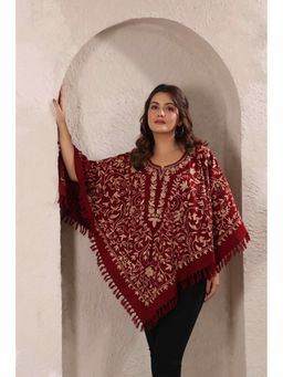 Zamour - Maroon Woollen Kashmiri Hand Embroidered Jaal and Inner Lining Poncho Top