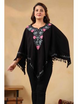 Zamour - Black Woollen Kashmiri Chinar Neck Hand Embroidery and Inner Lining Poncho Top