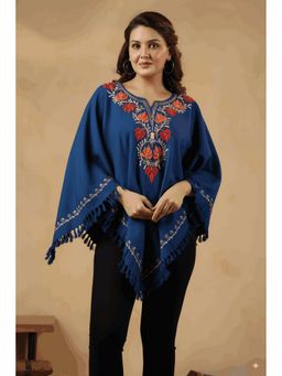 Zamour - Blue Woollen Kashmiri Chinar Neck Hand Embroidery and Inner Lining Poncho Top