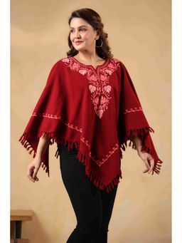Zamour - Maroon Woollen Kashmiri Chinar Neck Hand Embroidery and Inner Lining Poncho Top