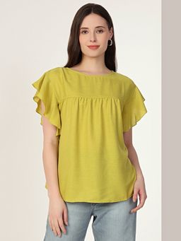 MISH - Solid Fluorescent Green Ruffle Detail Sleeves Top