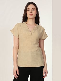 MISH - Solid Beige V Ruffled Detail Neck Top