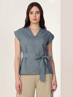 MISH - Solid Blue Sleeveless Top With A Detachable Belt