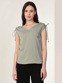 MISH - Solid Sage Green Gathered Shoulder Tie-Up Detail Top