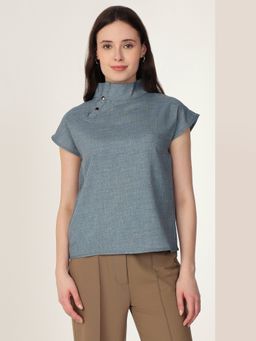 MISH - Blue Solid Featuring A High Neck Formal Top