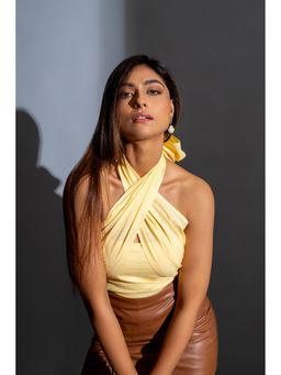 True West - Women Light Yellow Fitted Off Shoulder Top