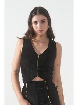 True West - Women Black Corduroy Sleeveless Crop Top