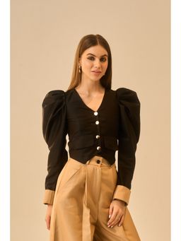 True West - Women Black Fitted Puff Sleeves Crop Top