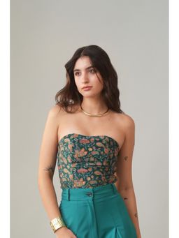 True West - Women Green All Over Print Velvet Fitted Tube Crop Top