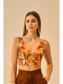 True West - Women Printed Lycra Mustard V Neck Bralette Crop Top