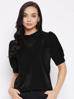 Uptownie - Stretchable Velvet High Neck Puff Sleeve Black Top