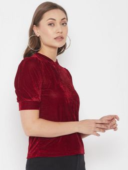 Uptownie - Stretchable Velvet High Neck Puff Sleeve Maroon Top