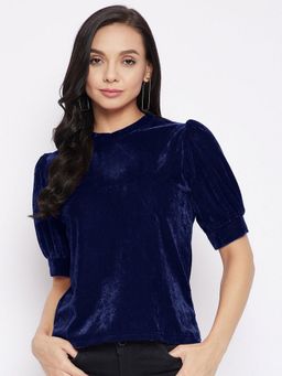 Uptownie - Stretchable Velvet High Neck Puff Sleeve Navy Blue Top