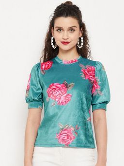 Uptownie - Stretchable Velvet High Neck Puff Sleeve Green Top