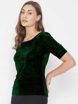 Uptownie - Stretchable Velvet Round Neck Puff Sleeve Green Top