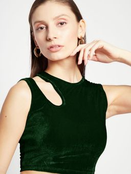 Uptownie - Stretchable Velvet Shoulder Cutout Crop Green Top
