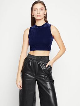 Uptownie - Stretchable Velvet High Neck Crop Navy Blue Top