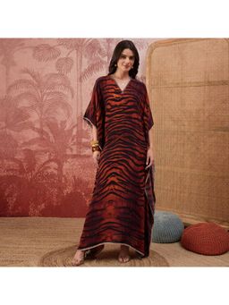 First Resort by Ramola Bachchan - Brown Tiger Print Embellished Full Length Kaftan Dress