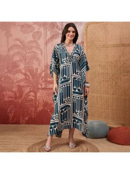 First Resort by Ramola Bachchan - Beige Abstract Printed Mid Length Kaftan Dress