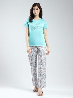 Monte Carlo - Women Blue Printed Round Neck T-shirt & Pant (Set of 2)