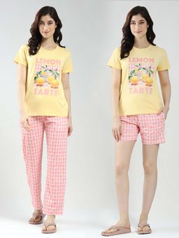 Monte Carlo - Women Yellow Printed Round Neck Co-Ord (Set of 3)