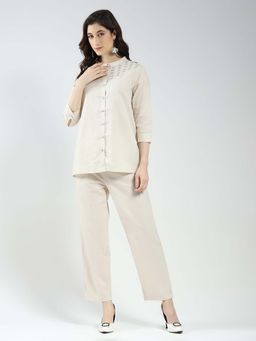 Monte Carlo - Women Beige Self Design Mandarin Neck Shirt & Pant (Set of 2)
