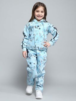 Monte Carlo - Girls Printed Blue Hooded Neck Full Sleeve Hoodie & Trackpant (Set of 2)