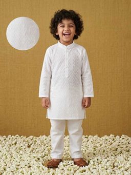 AJ Dezines - White Chikankari Cotton Kurta Pyjama Set For Boys