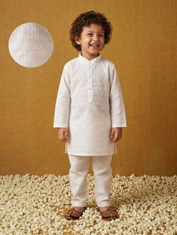 AJ Dezines - White Chikankari Cotton Kurta Pyjama Set For Boys