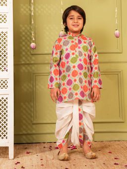 AJ Dezines - Multi Bandhani Print Pure Cotton Kurta And Pyjama For Boys
