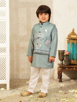 AJ Dezines - Green Elephant Printed Cotton Kurta Pyjama Waist Coat Set For Boys