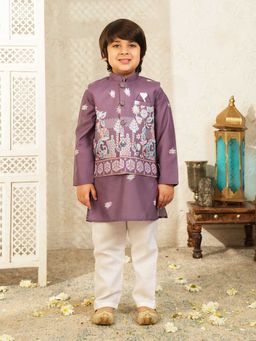 AJ Dezines - Purple Elephant Printed Cotton Kurta Pyjama Waist Coat Set For Boys