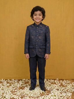 AJ Dezines - Jacquard Full Sleeves Sequins And Embroidery Sherwani- Navy Blue