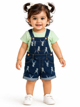 Bloom Up - Denim Printed Dungaree Shorts Set With T-Shirt