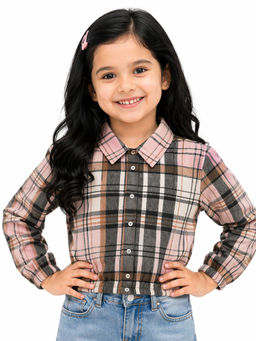 Bloom Up - Brown Checked Kids Shirt - Soft Cotton Stylish Casual Wear For Girls