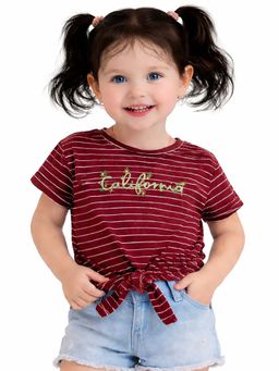 Bloom Up - Maroon Striped California Tie-Up T-Shirt For Girls
