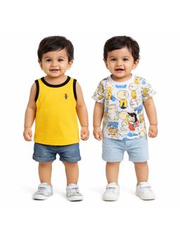 Bloom Up - Yellow Sleeveless Tank T-Shirt And Cartoon Print Kids T-Shirt (Pack of 2)