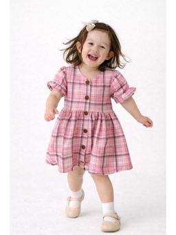 Bloom Up - Pink Checkered Puff Sleeve Kids Dress