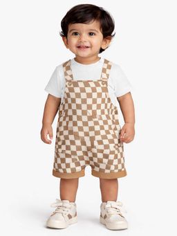 Bloom Up - Brown Checkered Dungaree With T-Shirt Kids Co-Ord Set