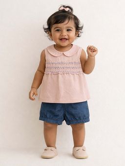 Bloom Up - Peach Smocked Top And Denim Shorts Kids Co Ord Set