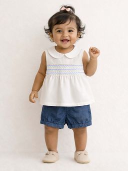 Bloom Up - White Smocked Top And Denim Shorts Kids Co Ord Set