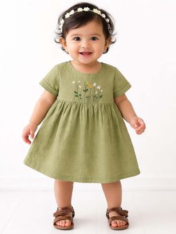 Bloom Up - Olive Green Embroidered Kids Dress