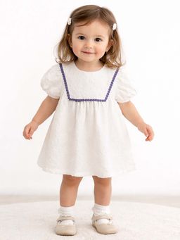 Bloom Up - Off White Textured Kids Dress With Purple Lace Detail
