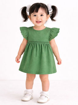 Bloom Up - Green Embroidered Flutter Sleeve Kids Dress