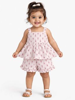 Bloom Up - Pink Floral Print Kids Co-Ord Set - Soft Cotton Summer Wear For Girls