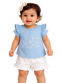 Bloom Up - Light Blue Floral Print Flutter Sleeve Kids Top