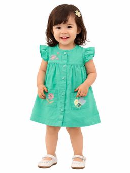 Bloom Up - Teal Embroidered Button-Front Kids Dress